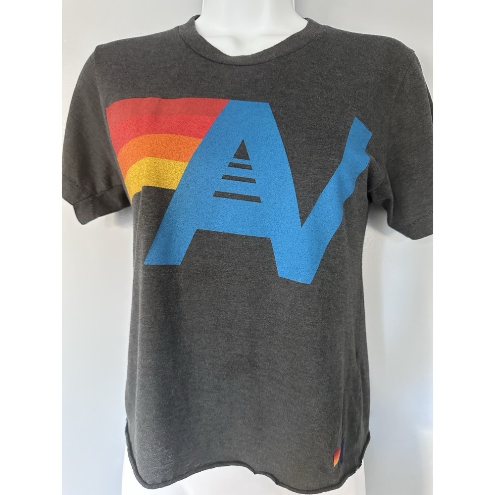 Aviator Nation Rainbow Logo Baby Tee XS Gray Cropped Raw Hem Made in USA